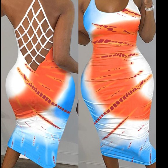 #6. Dress Tie Dye Print Fishnet Backless Bodycon Dress XL - Picture 5 of 8